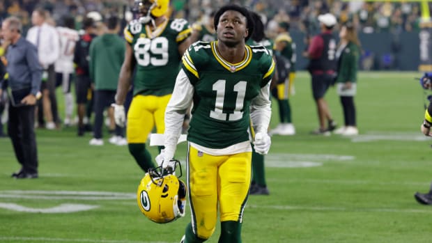 Green Bay Packers wide receiver Sammy Watkins (11) is shown at an NFL football game between the Packers and Bears Sunday, Sept. 18, 2022, in Green Bay, Wis. Watkins is the Packers’ leading receiver and caught three passes for 93 yards in a Sunday night victory over the Chicago Bears. (AP Photo/Mike Roemer)